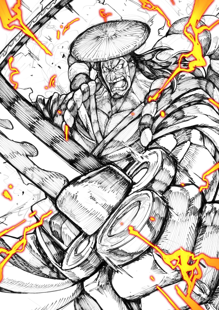 1boy, absurdres, black_hair, dual_wielding, facial_hair, goatee, highres, holding