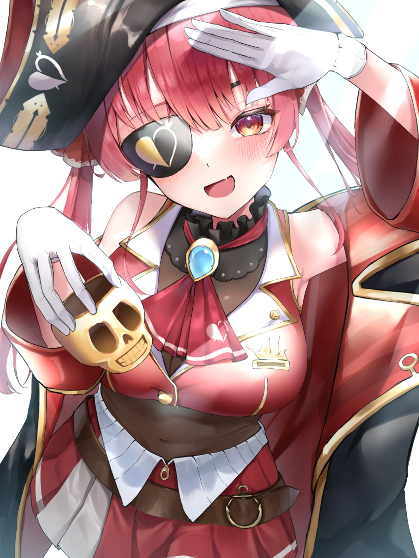 1girl, :d, arrow_through_heart, ascot, belt, bicorne, black_choker, black_headwear