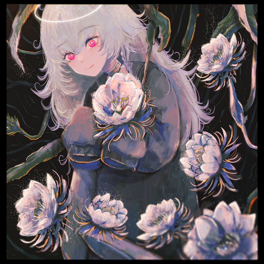 1girl, black_background, black_sailor_collar, black_skirt, closed_mouth, collared_shirt, commentary_request, eyelashes, flower, flower_request, grey_shirt, halo, highres, holding, holding_flower, indie_virtual_youtuber, itigo_itika, long_hair, long_sleeves, looking_at_viewer, pink_eyes, plant, ranko_no_ane, sailor_collar, school_uniform, shirt, skirt, sleeves_past_fingers, sleeves_past_wrists, smile, solo, vines, white_flower, white_hair