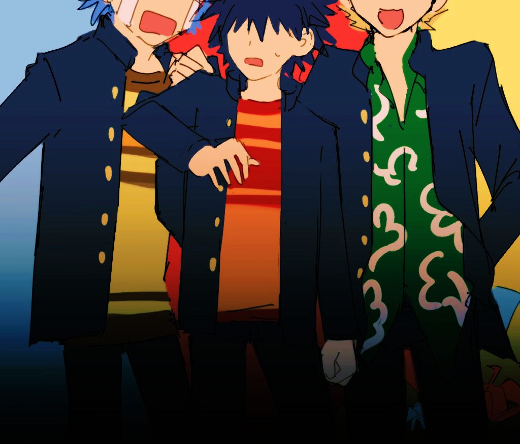 3boys, a_certain_high_school_uniform, aogami_pierce, black_hair, blonde_hair, blue_hair, crying, gakuran