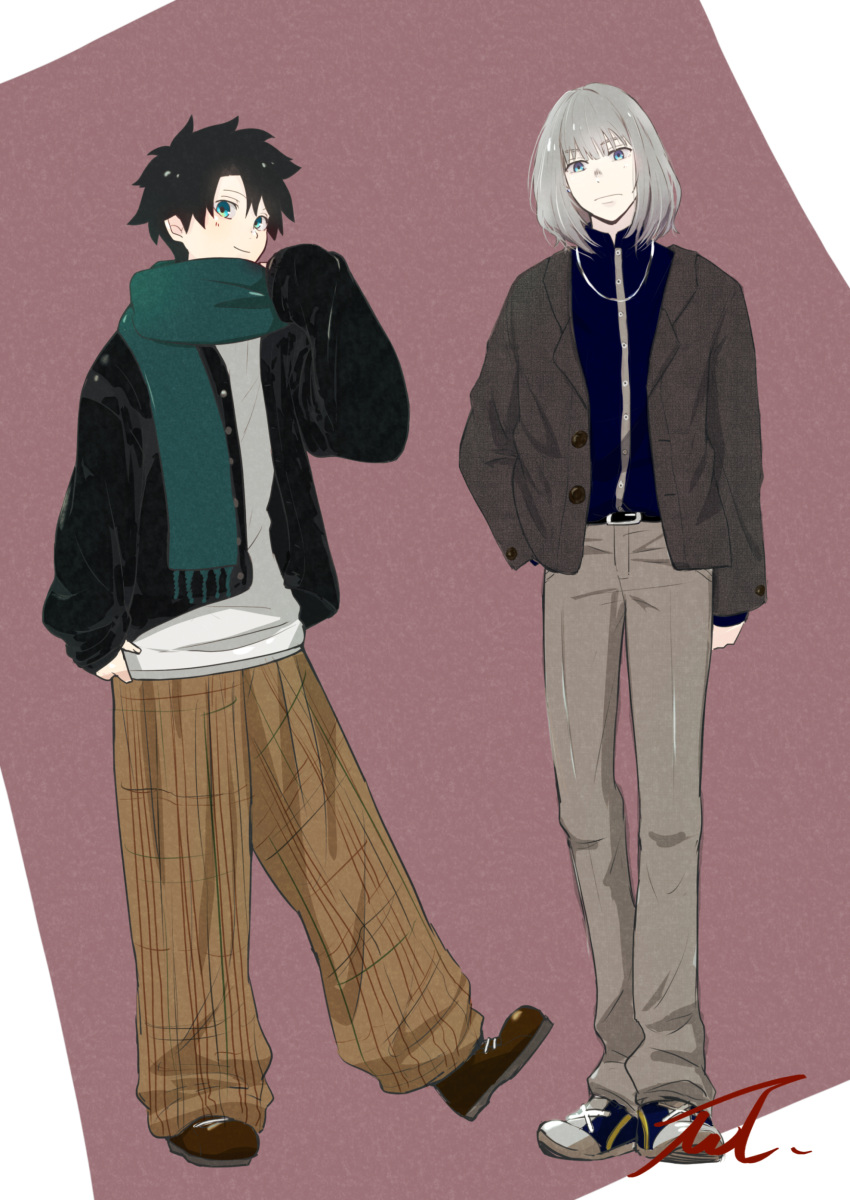 2boys, absurdres, alternate_costume, arms_at_sides, belt, black_belt, black_hair, black_jacket