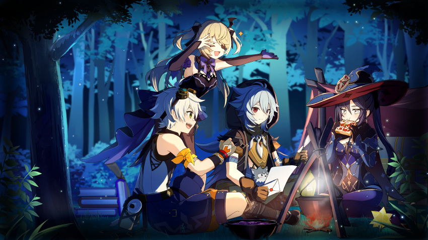 2boys, 2girls, absurdres, arm_ribbon, bandaid, bandaid_on_face, bandaid_on_nose, bare_shoulders, bat_ornament, belt_pouch, bennett_(genshin_impact), black_gloves, black_hair, black_hood, black_ribbon, blonde_hair, blue_capelet, blue_footwear, blue_leotard, blue_shorts, bodystocking, bone_necklace, book, boots, bow, bowtie, brown_gloves, campfire, capelet, choker, chuunibyou, collar, collared_shirt, detached_sleeves, earrings, eating, elbow_gloves, eyepatch, fischl_(genshin_impact), forest, fur-trimmed_capelet, fur_trim, genshin_impact, gloves, goggles, goggles_on_head, green_eyes, green_pants, grey_hair, hair_between_eyes, hair_ornament, hair_over_one_eye, hair_ribbon, hat, highres, hood, jewelry, leotard, letter, long_hair, merry-san, mona_(genshin_impact), multiple_boys, multiple_girls, nature, night, open_mouth, orange_gloves, orange_ribbon, pants, pantyhose, pouch, purple_bow, purple_bowtie, razor_(genshin_impact), red_eyes, ribbon, scar, scar_on_face, shirt, short_hair, shorts, single_glove, single_sleeve, sleeveless, sleeveless_shirt, smile, star_(symbol), star_choker, star_earrings, strapless, strapless_leotard, tailcoat, tree, twintails, two_side_up, white_hair, witch_hat, wolf_boy