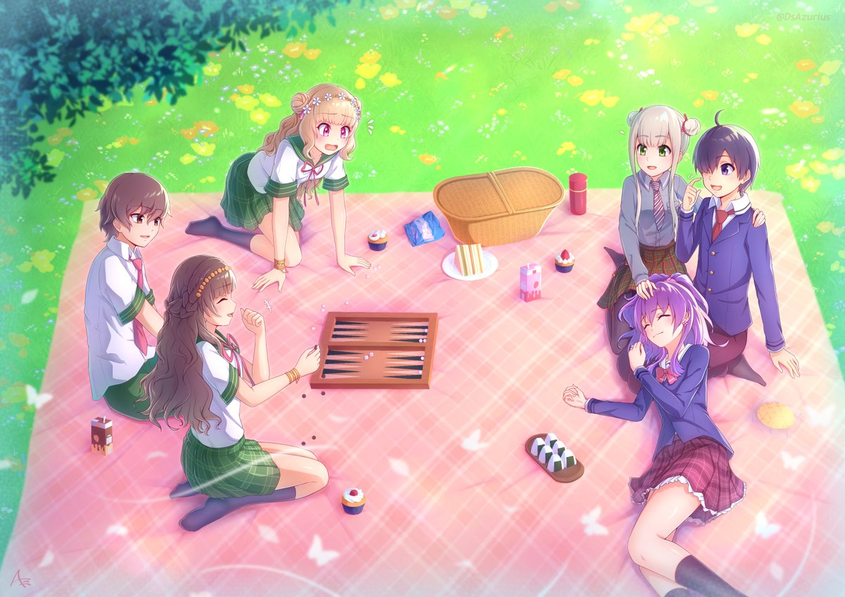 2boys, 4girls, ahoge, aika_himena, backgammon, bell, black_hair, black_socks