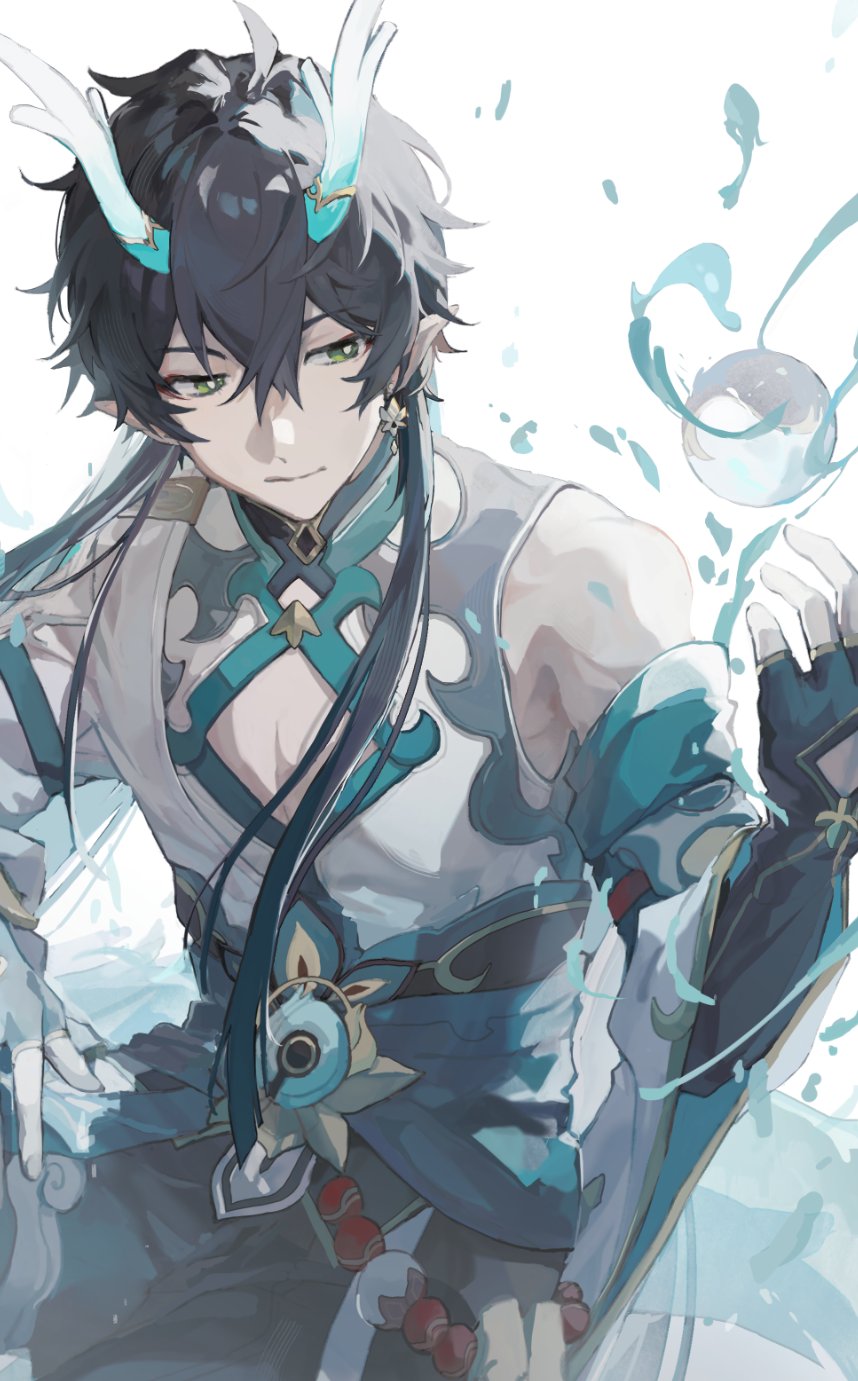 1boy, black_gloves, black_hair, blue_hair, closed_mouth, dan_heng_(honkai:_star_rail), dan_heng_(imbibitor_lunae)_(honkai:_star_rail), detached_sleeves