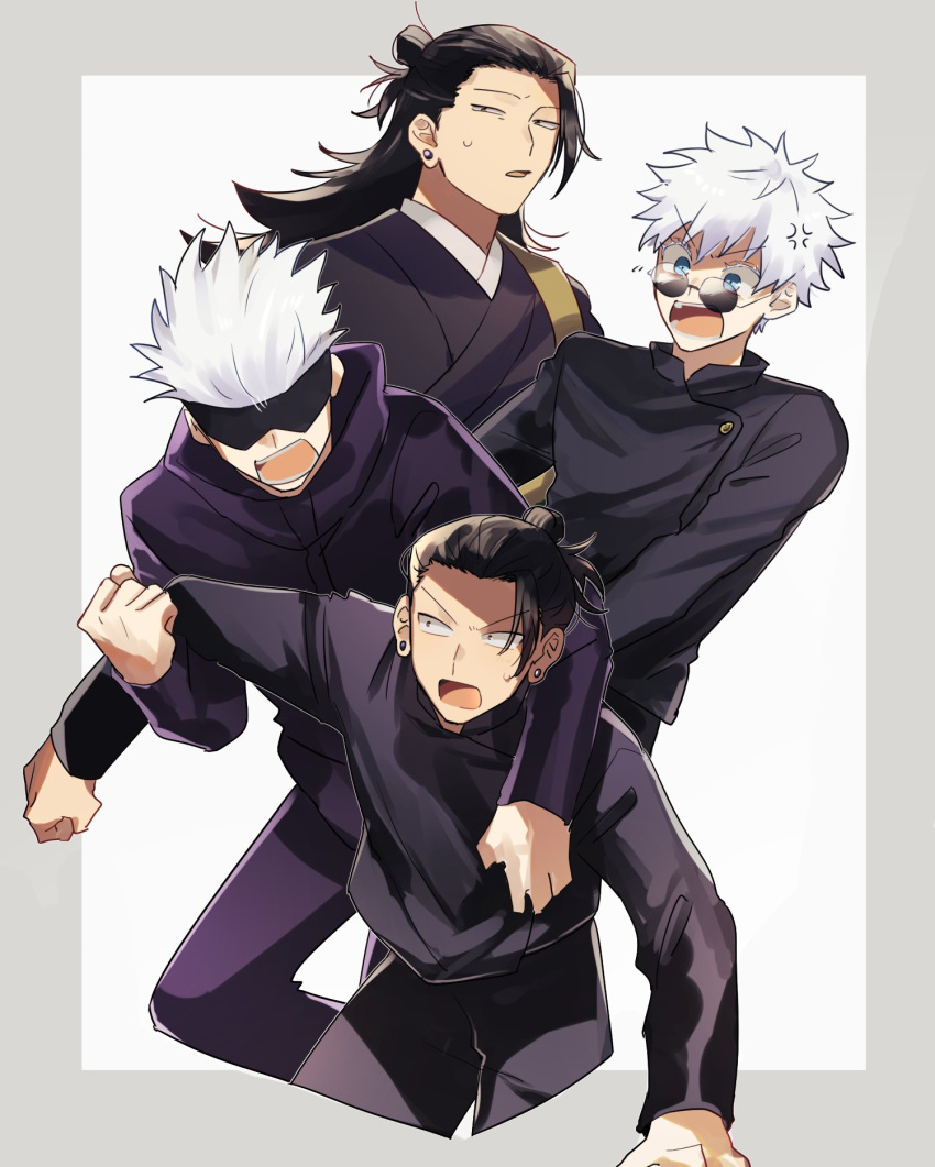 2boys, age_comparison, anger_vein, black_blindfold, black_eyes, black_hair, black_jacket, black_kimono