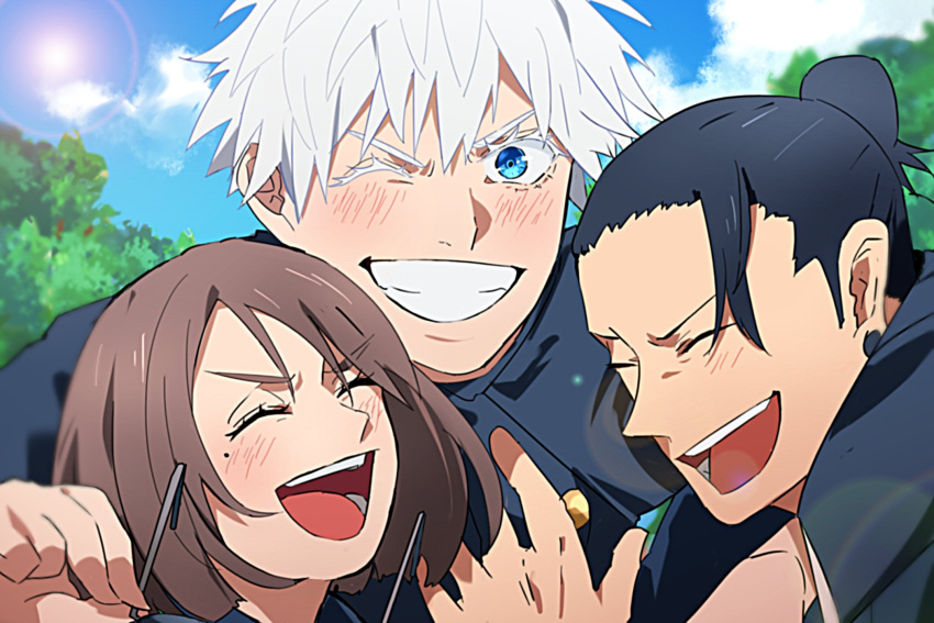 1girl, 2boys, :d, ^_^, arm_around_shoulder, black_hair, black_jacket, blue_eyes