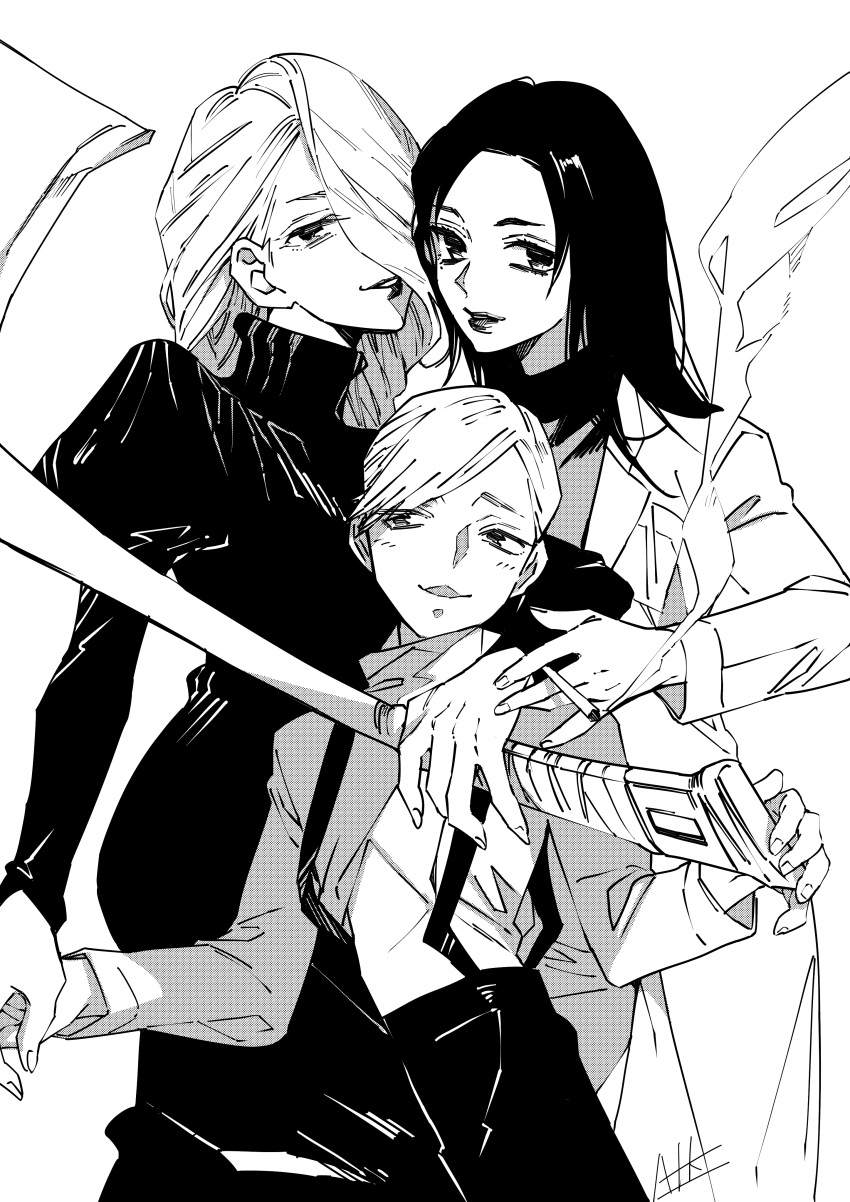 1boy, 2girls, absurdres, arm_around_shoulder, ateka, cigarette, closed_mouth, coat