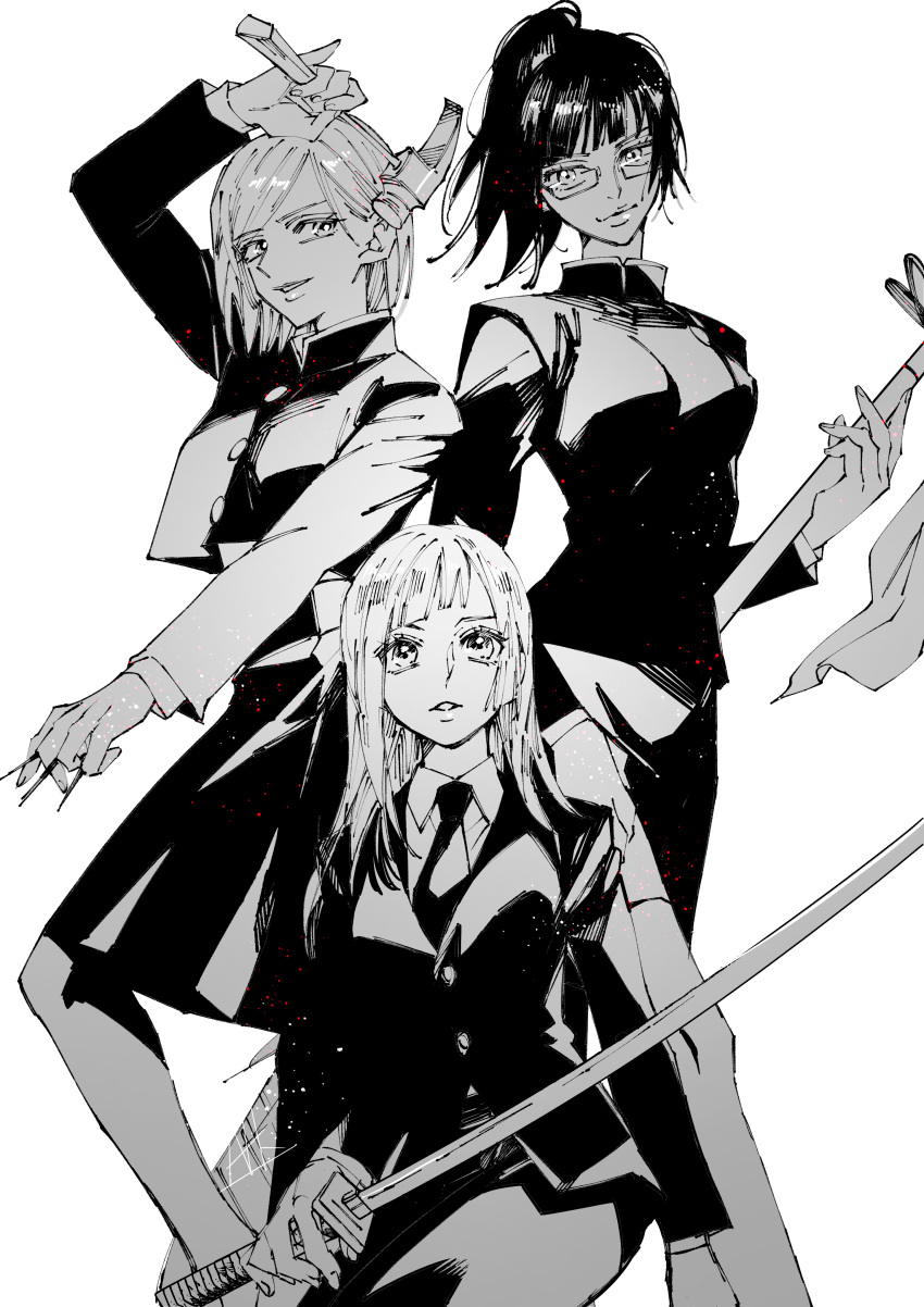 3girls, absurdres, arm_up, ateka, breasts, closed_mouth, feet_out_of_frame, formal