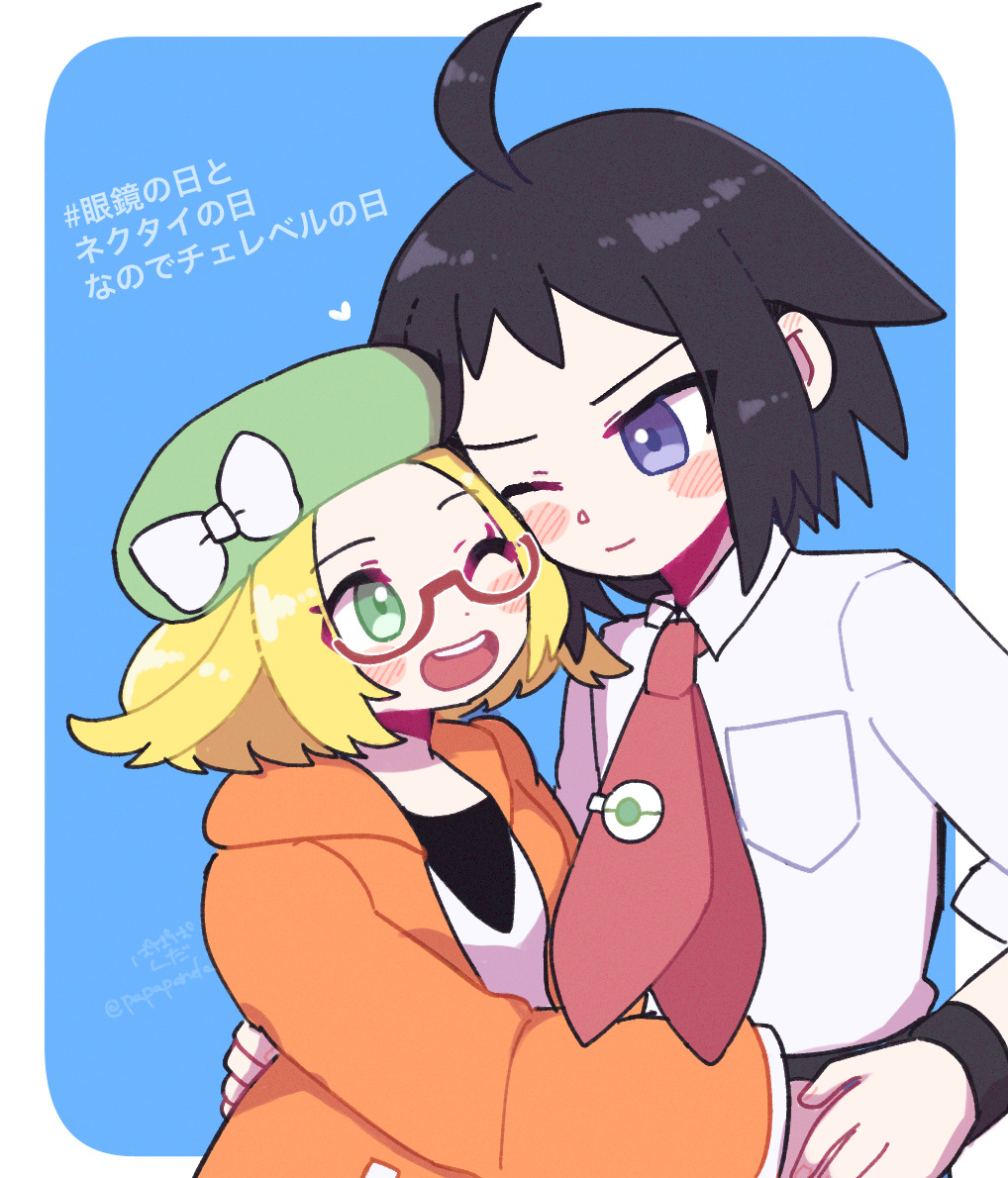 1boy, 1girl, ahoge, beret, bianca_(pokemon), black_hair, blonde_hair, blue_background