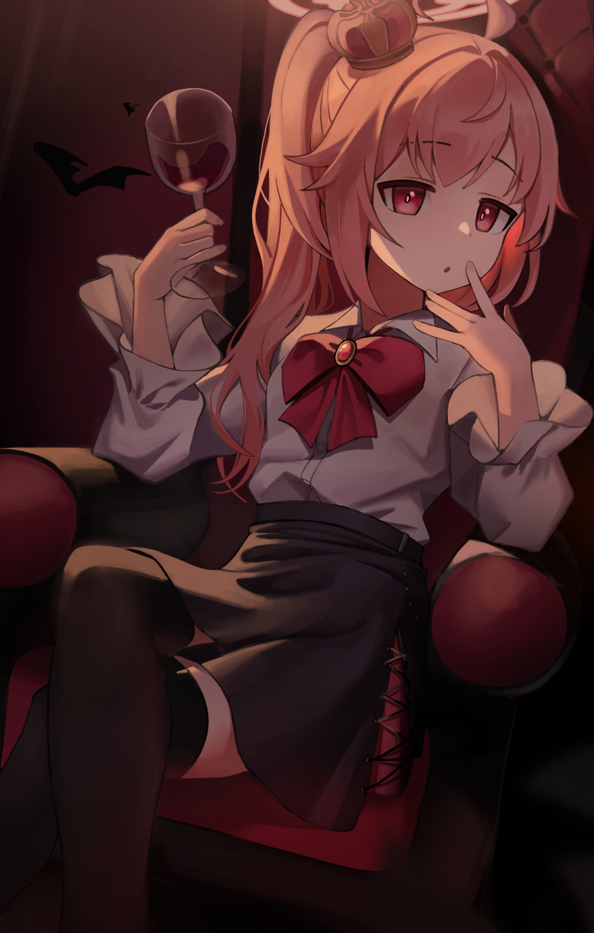 1girl, absurdres, ahoge, alcohol, black_skirt, black_thighhighs, blue_archive, bow
