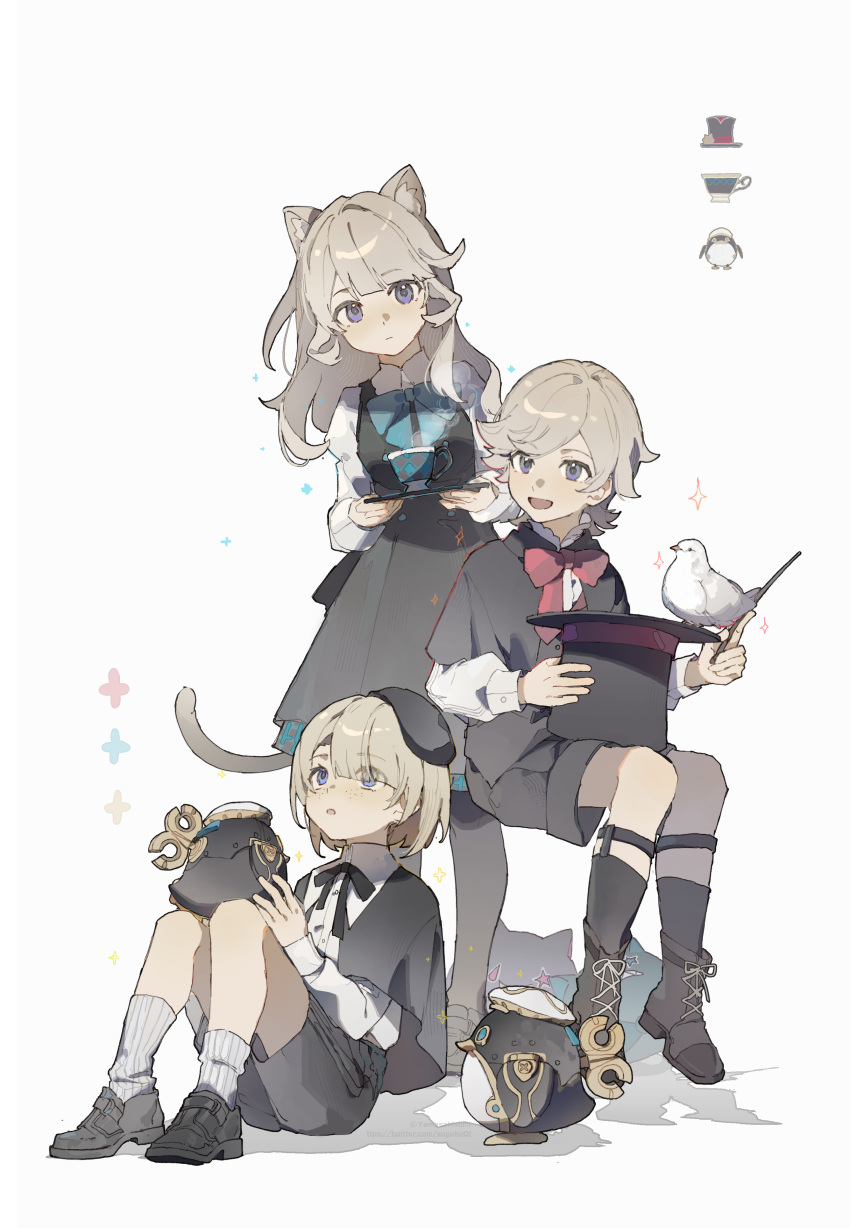 1girl, 2boys, absurdres, aged_down, animal_ears, beret, bird, black_dress, black_headwear, black_socks, black_thighhighs, blue_eyes, boots, cat_ears, cat_girl, cat_tail, closed_mouth, cup, dress, freckles, freminet_(genshin_impact), genshin_impact, grey_hair, grey_socks, hair_over_one_eye, hat, hat_removed, headwear_removed, highres, holding, holding_saucer, invisible_chair, long_hair, long_sleeves, lynette_(genshin_impact), lyney_(genshin_impact), multiple_boys, open_mouth, pers_(genshin_impact), saucer, shirt, short_sleeves, simple_background, sitting, socks, sparkle, standing, steam, suyoko01, tail, thigh-highs, top_hat, violet_eyes, white_shirt