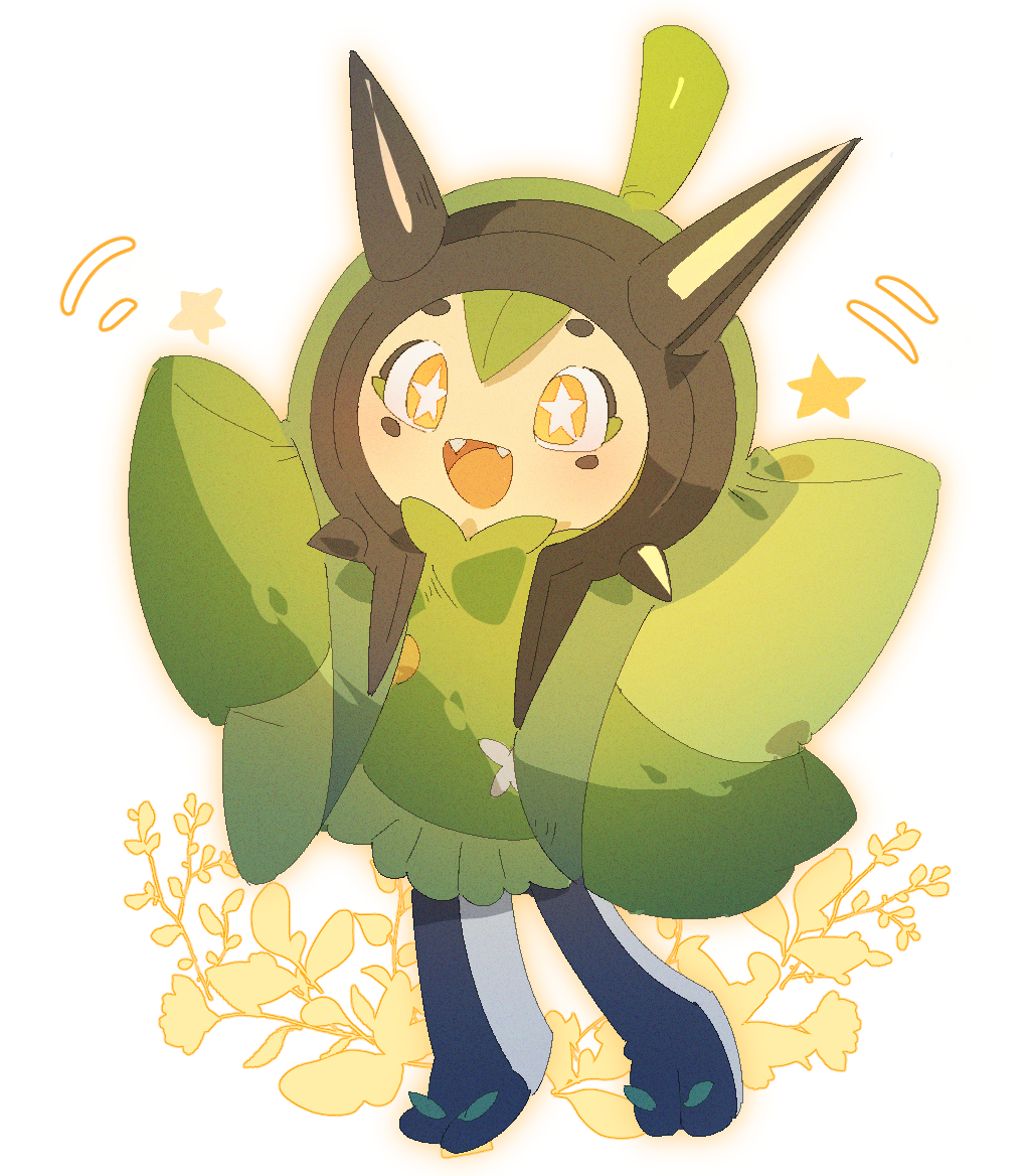 :d, commentary_request, fangs, full_body, happy, meega, no_humans, ogerpon
