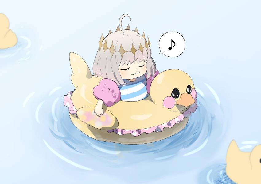 1boy, :3, aged_down, ahoge, child, closed_eyes, commentary, diamond_hairband, duck_innertube, eyelashes, fate/grand_order, fate_(series), grey_hair, highres, inflatable_armbands, innertube, male_focus, male_swimwear, musical_note, ninjin_(ne_f_g_o), oberon_(fate), solo, speech_bubble, spoken_musical_note, striped_male_swimwear, symbol-only_commentary, water