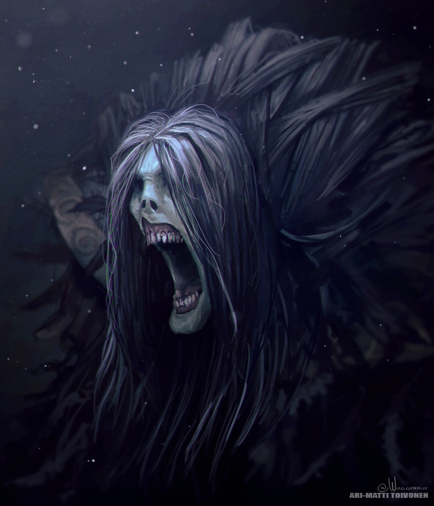 1boy, artist_name, black_hair, commentary, dark_souls_(series), decay, deformed, english_commentary
