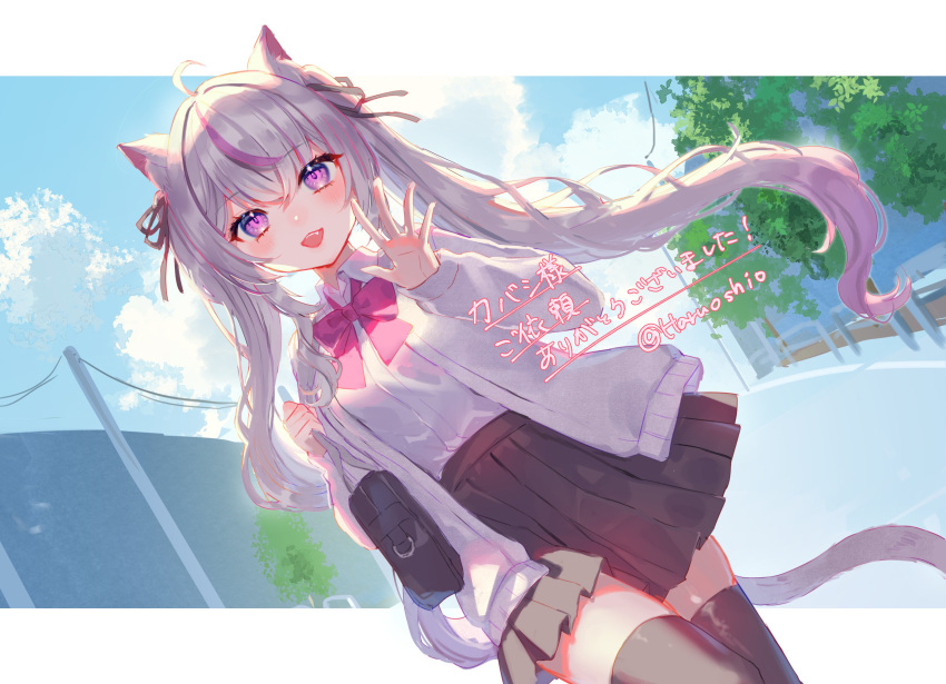 1girl, absurdres, ahoge, animal_ears, bag, black_skirt, black_thighhighs, bow, bowtie, cat_ears, cat_girl, cat_tail, collared_shirt, dress_shirt, grey_hair, harushio, highres, indie_virtual_youtuber, jacket, long_hair, multicolored_hair, nekoyama_mia_(vtuber), open_clothes, open_jacket, pink_bow, pink_bowtie, pink_hair, pleated_skirt, school_bag, school_uniform, shirt, skirt, solo, streaked_hair, tail, thigh-highs, twintails, violet_eyes, virtual_youtuber, white_jacket, white_shirt, zettai_ryouiki