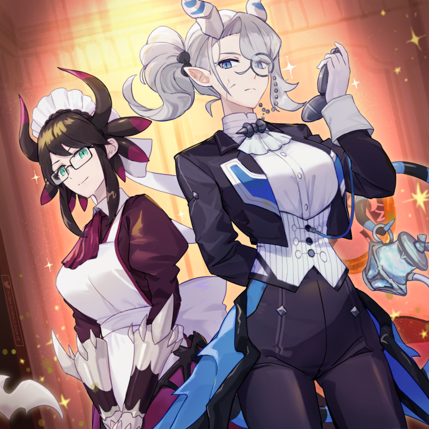 2girls, apron, arias_the_labrynth_butler, blue_eyes, breasts, butler, demon_girl, demon_horns