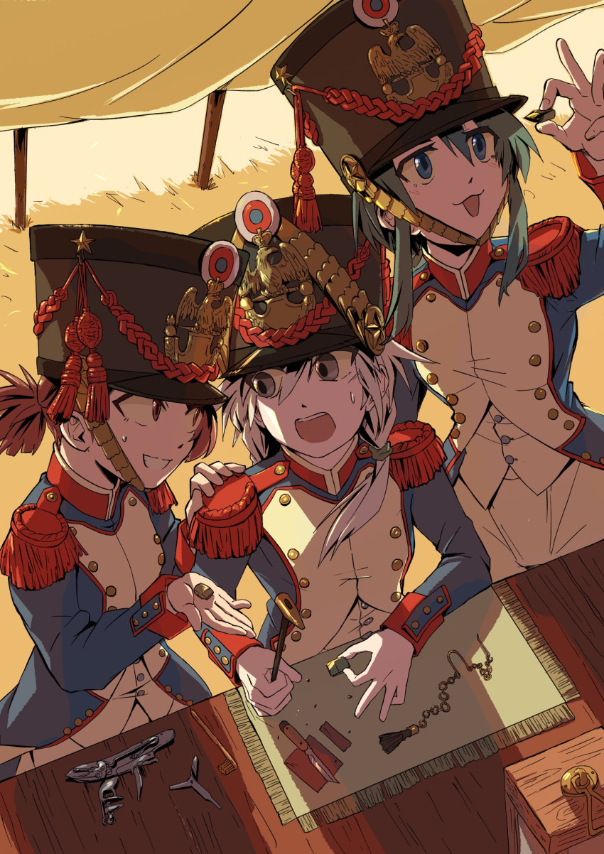 3girls, :3, blue_coat, blue_eyes, brown_eyes, brown_hair, buttons, chin_strap, coat, commentary_request, double-breasted, epaulettes, france, french_army, french_clothes, grey_eyes, grin, hair_between_eyes, hair_over_shoulder, hammer, hand_on_another's_shoulder, hat, hat_ornament, highres, holding, holding_hammer, holding_tool, lantern, long_hair, long_sleeves, looking_at_another, looking_at_object, medal, military, military_hat, military_uniform, multiple_girls, object_request, open_mouth, original, outdoors, pants, peaked_cap, ponytail, red_trim, shako_cap, sidelocks, sitting, smile, soldier, standing, star_(symbol), star_hat_ornament, sweat, sweatdrop, table, teeth, tent, two-tone_coat, undone_chin_strap, uniform, upper_teeth_only, vest, waistcoat, white_coat, white_hair, wrist_cuffs, zeinikunosekai