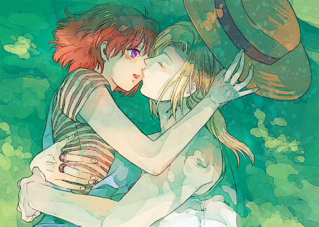 1girl, blonde_hair, couple, hat, hug, jewelry, kiss, name_characters