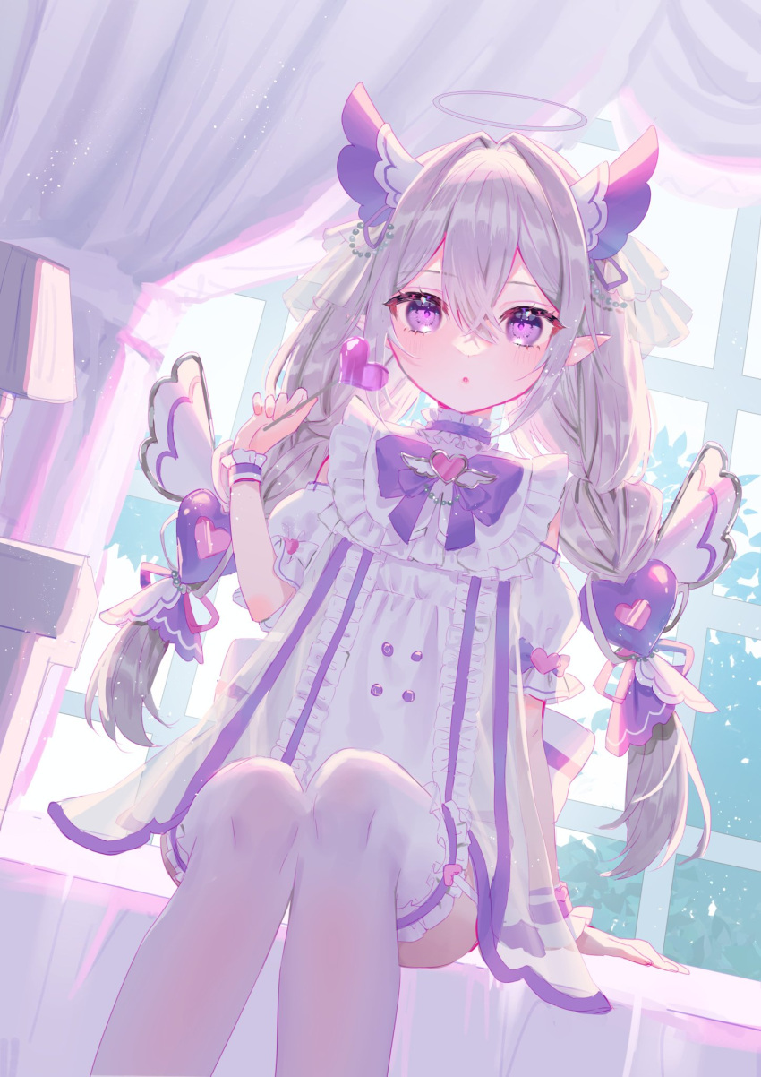 1girl, bow, bowtie, braid, candy, commission, curtains, dress, food, frilled_dress, frills, grey_hair, halo, harushio, heart, heart_lollipop, highres, indie_virtual_youtuber, lollipop, long_hair, pointy_ears, purple_bow, purple_bowtie, shaped_lollipop, sitting, skeb_commission, solo, tenshi_uyu, thigh-highs, twin_braids, violet_eyes, virtual_youtuber, white_dress, white_thighhighs