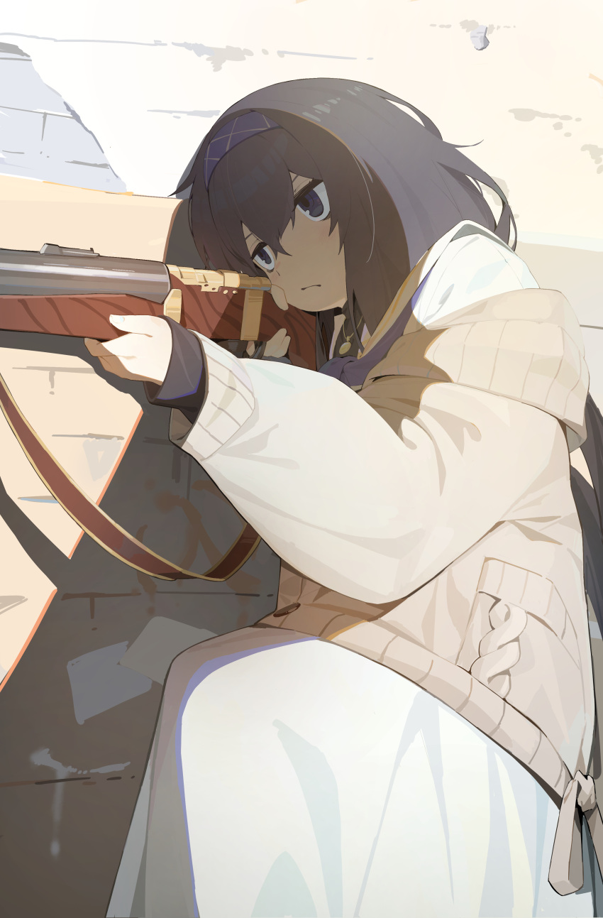 1girl, absurdres, aiming, bags_under_eyes, black_hair, blue_archive, blue_eyes, blue_hairband, blue_neckerchief, blush, brick_wall, cardigan, chadlink, chinese_commentary, closed_mouth, commission, finger_on_trigger, gun, gun_sling, hair_between_eyes, hairband, highres, holding, holding_gun, holding_weapon, jewelry, kneeling, long_hair, long_skirt, neckerchief, necklace, off_shoulder, on_one_knee, pendant, pixiv_commission, rifle, school_uniform, serafuku, skirt, solo, sweater, ui_(blue_archive), weapon