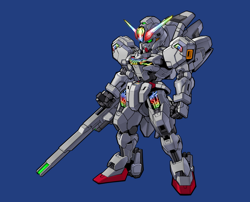 absurdres, beam_cannon, blue_background, chibi, english_commentary, full_body, glowing, green_eyes