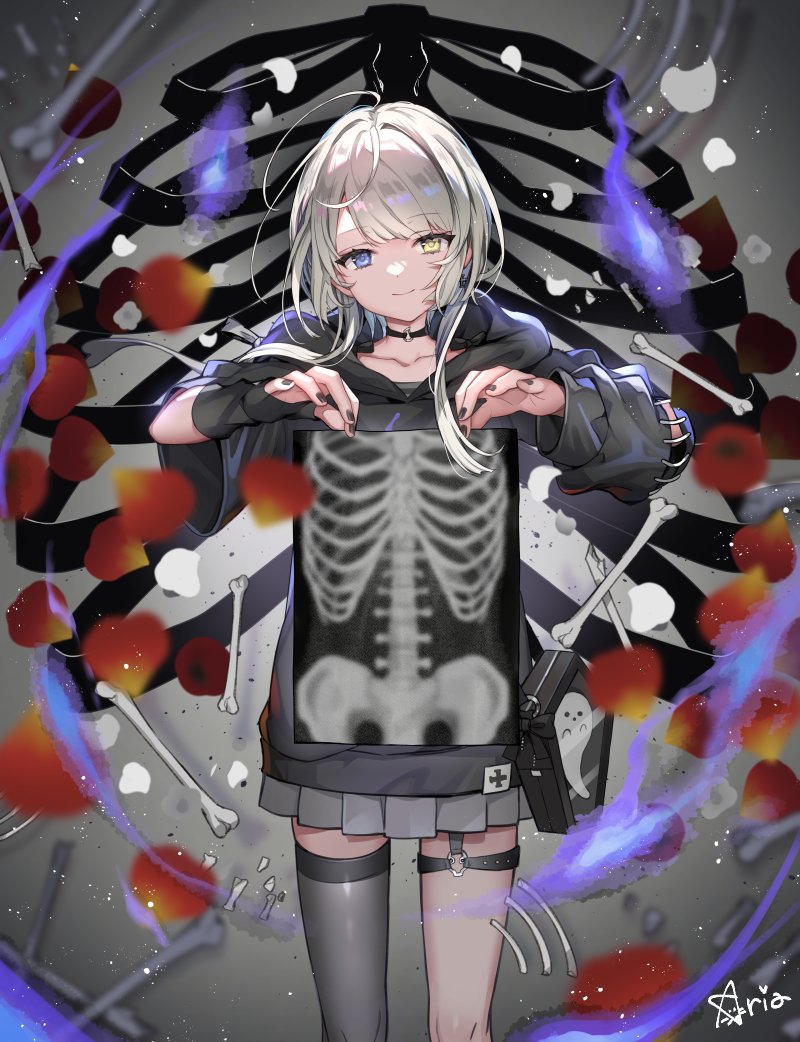 1girl, ahoge, asymmetrical_legwear, black_choker, black_hoodie, black_thighhighs, blue_eyes, blunt_bangs