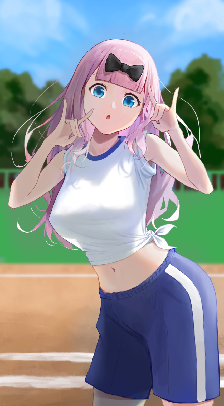 1girl, absurdres, arms_up, black_bow, blue_buruma, blue_eyes, blunt_bangs, blurry