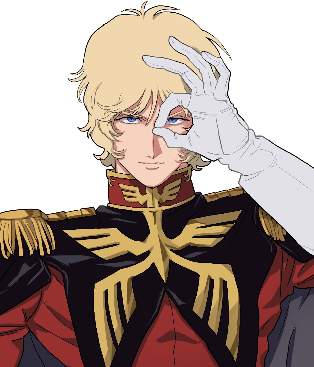 1boy, black_capelet, blonde_hair, blue_eyes, capelet, char_aznable, closed_mouth, epaulettes