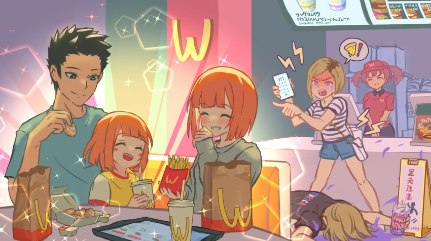 1boy, 1other, 4girls, angry, black_hair, blonde_hair, blue_shirt, blue_shorts