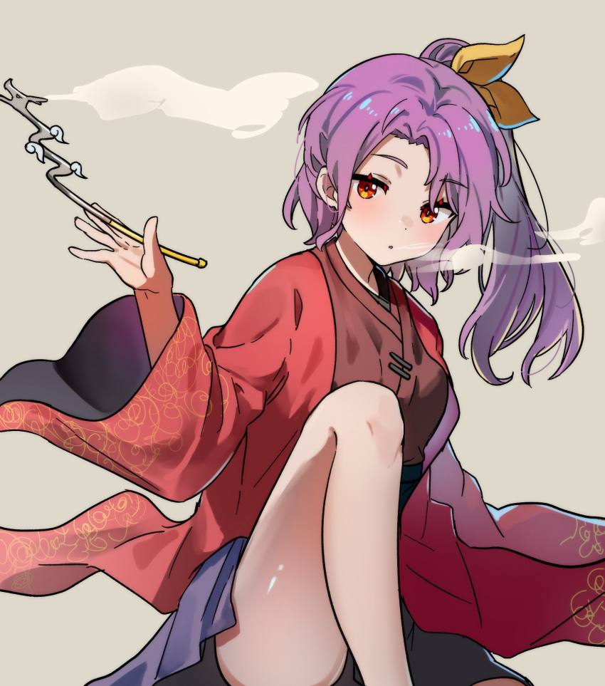 1girl, floral_print, highres, holding, holding_smoking_pipe, japanese_clothes, kimono, komakusa_sannyo