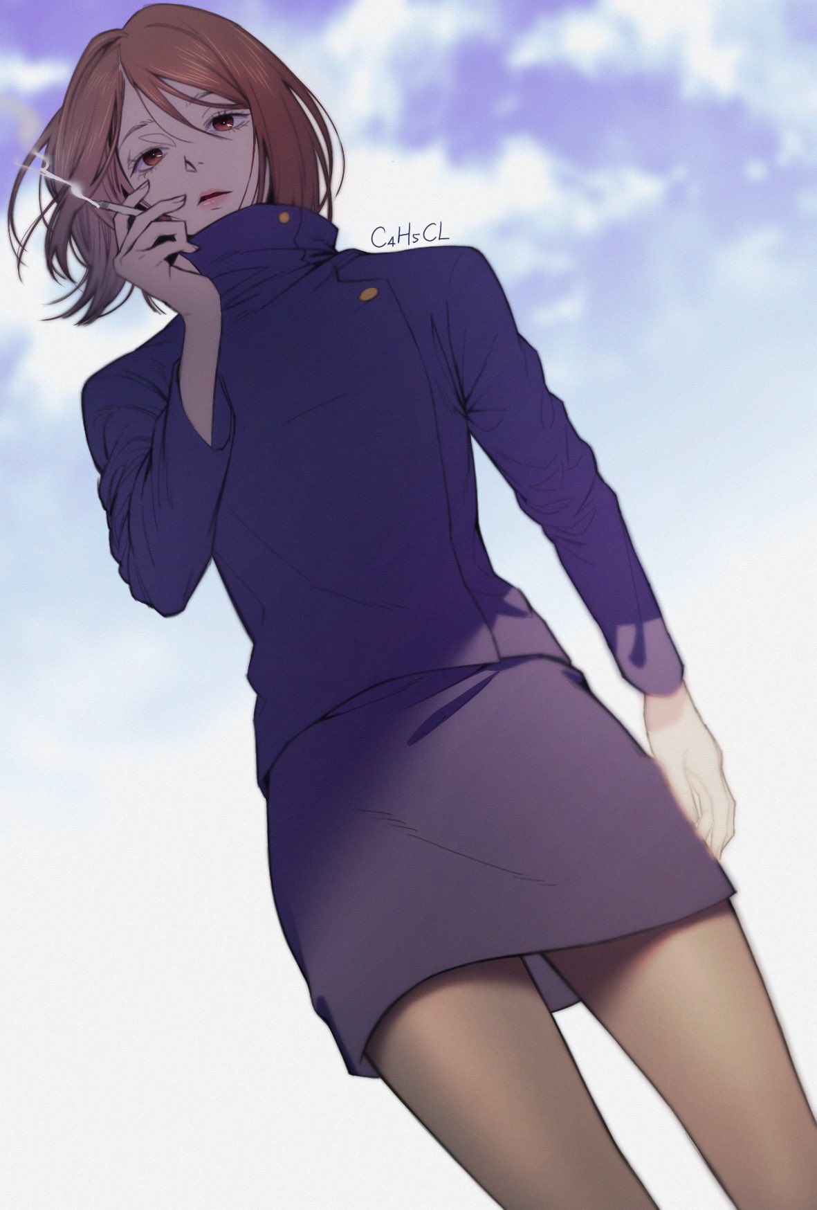 1girl, artist_name, black_jacket, black_pantyhose, black_skirt, brown_eyes, brown_hair, c4h5cl
