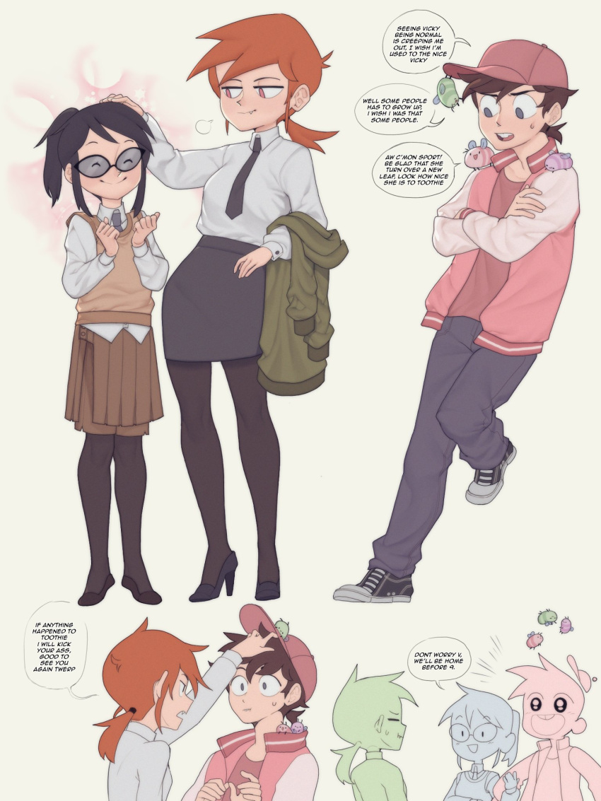 1boy, 2girls, aged_up, alternate_costume, bee, black_hair, black_necktie, black_pants