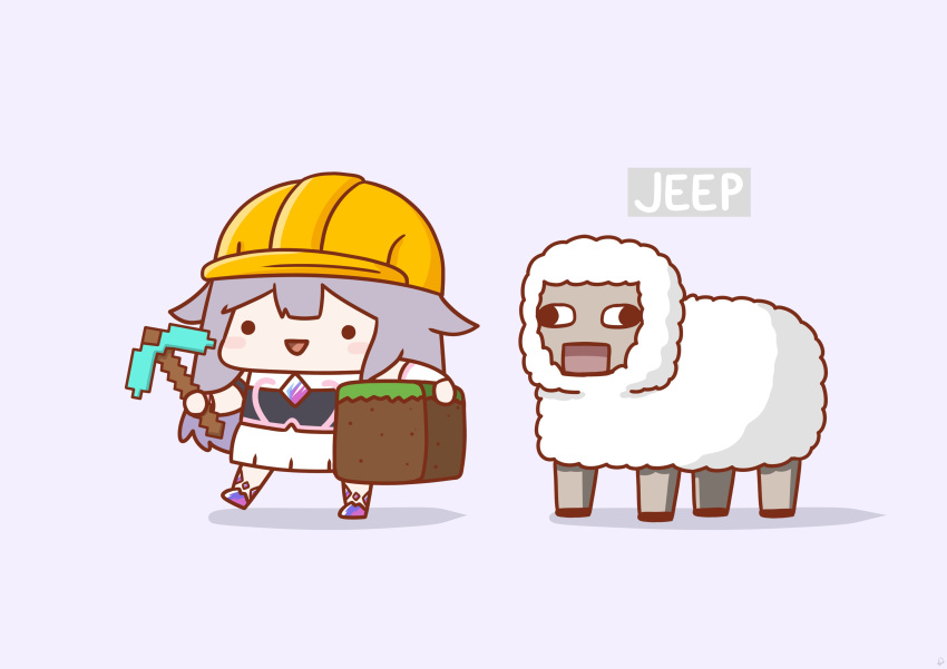 1girl, absurdres, alternate_headwear, animal, block_(minecraft), chest_jewel, chibi, dress