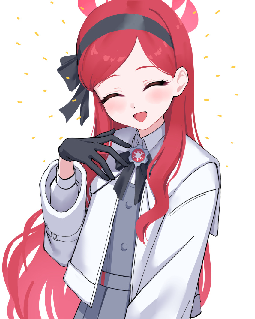 1girl, ^_^, absurdres, aoi_riko, black_gloves, black_hairband, black_ribbon, blue_archive