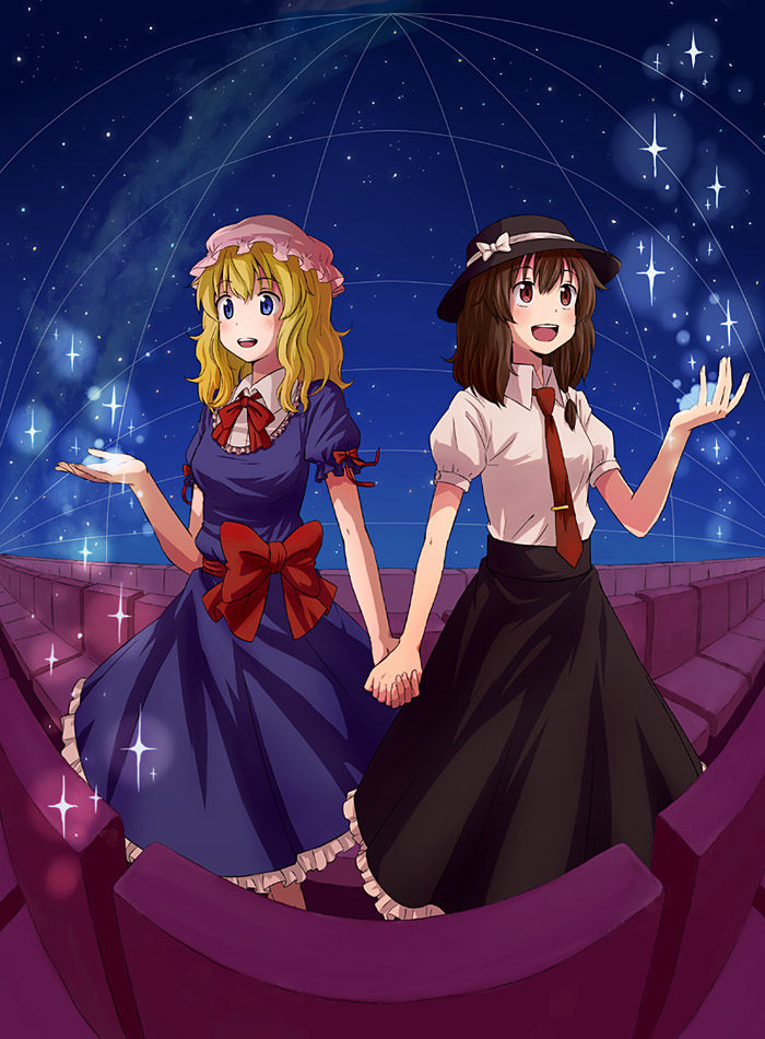 blonde_hair, blue_eyes, bow, brown_hair, dress, holding_hands, kannari, maribel_hearn