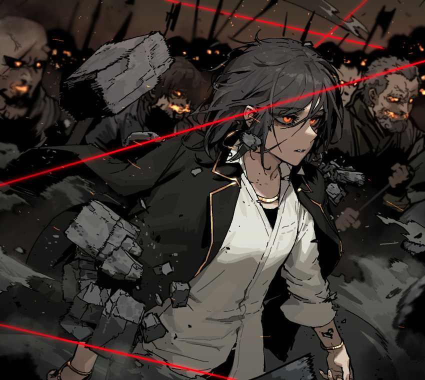 1girl, black_hair, black_jacket, bracelet, commentary, debris, earrings, expressionless