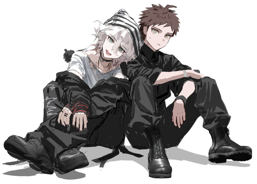 2boys, :d, absurdres, alternate_costume, black_choker, black_footwear, black_nails, black_pants