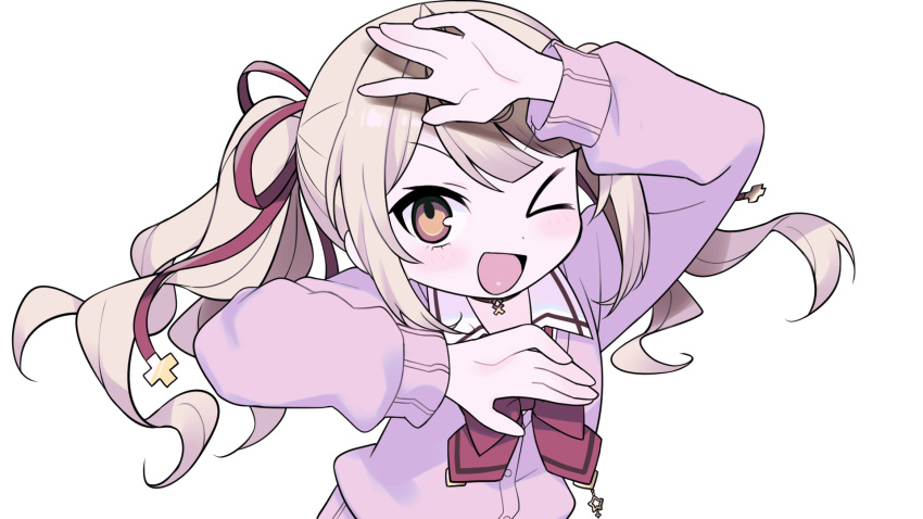>_o, 1girl, arm_up, black_choker, blonde_hair, bow, bowtie, cardigan