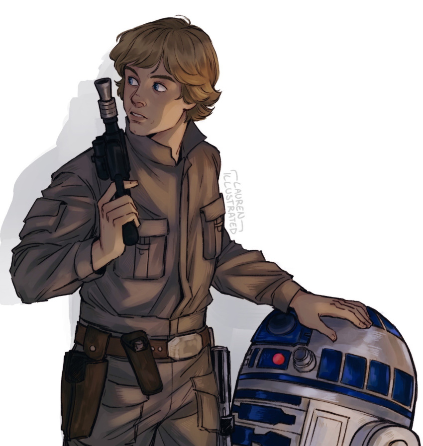 1boy, 1other, artist_name, astromech_droid, belt, blonde_hair, blue_eyes, brown_belt