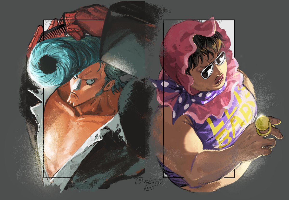 2boys, black_hair, black_shirt, blue_hair, bonnet, clothes_writing, cropped_torso, cyborg