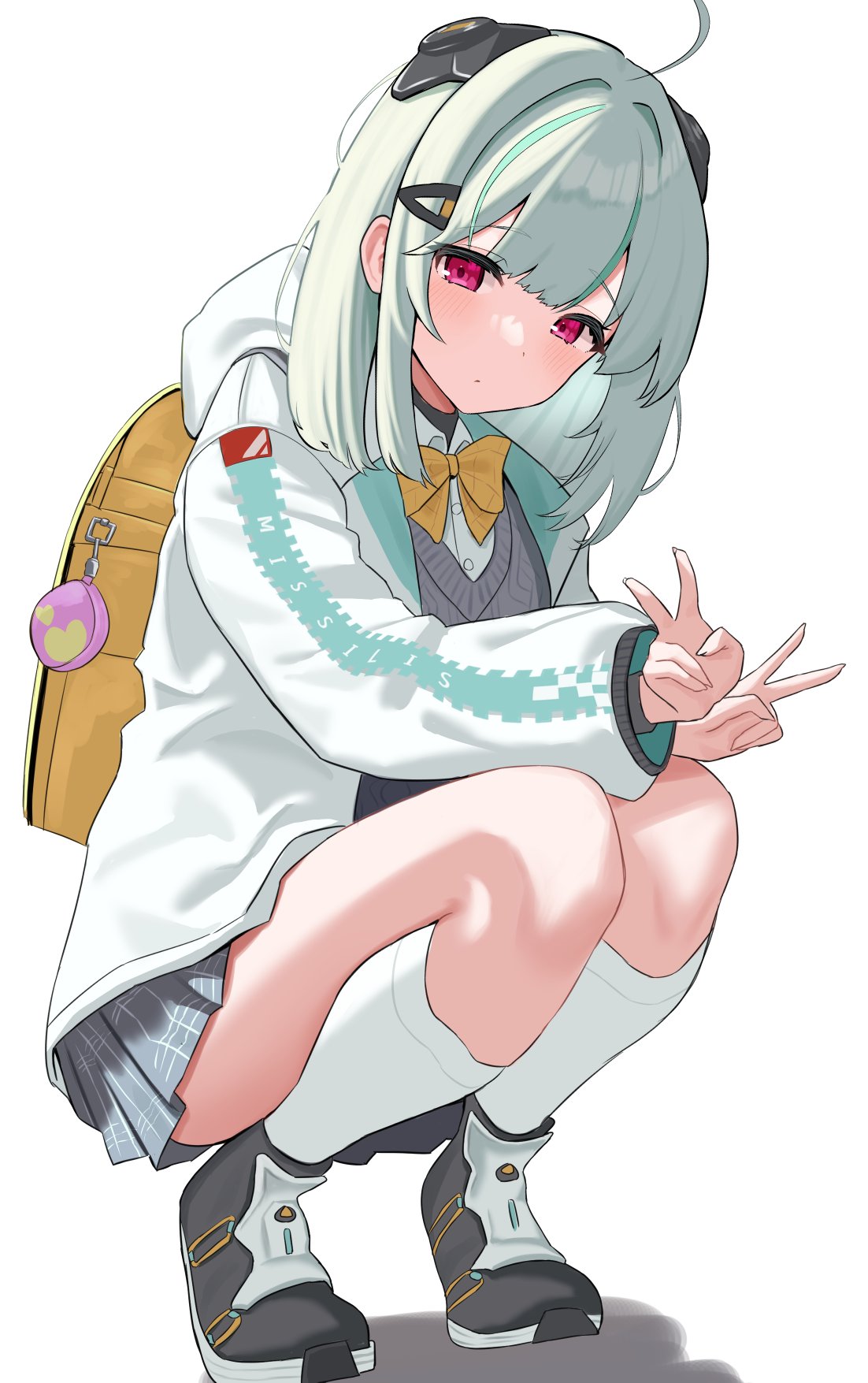 1girl, :o, admi_(nikke), ahoge, backpack, bag, black_skirt, blush