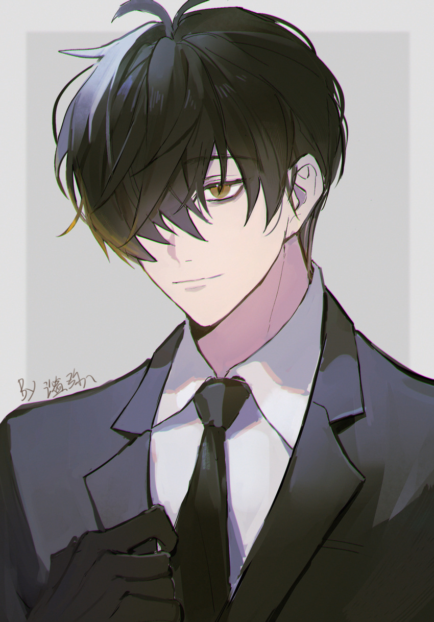 1boy, black_gloves, black_hair, black_jacket, black_necktie, blonde_hair, border, brown_eyes