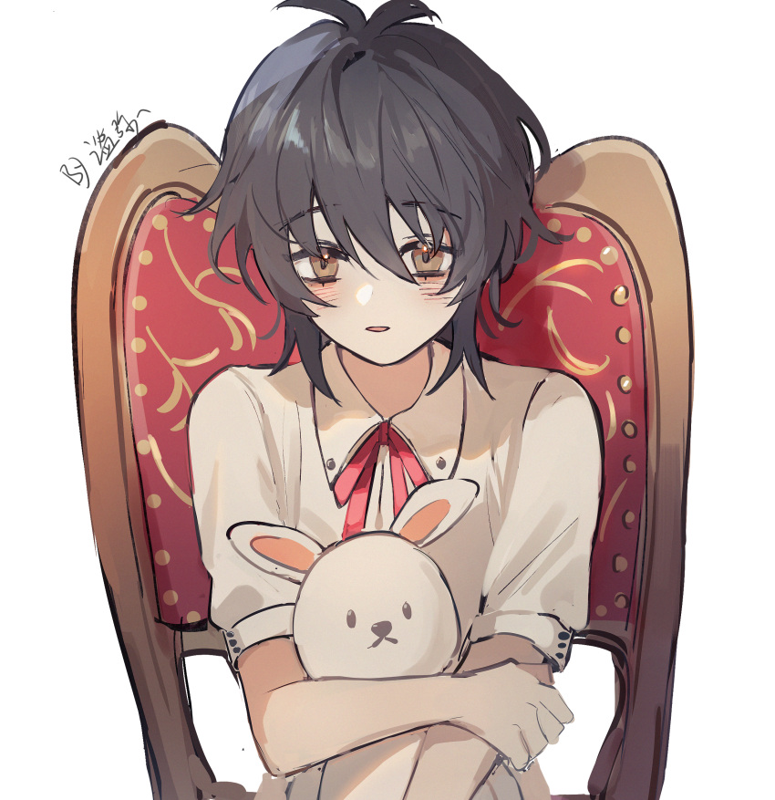 1boy, absurdres, black_hair, blush, bow, bowtie, brown_eyes, chair