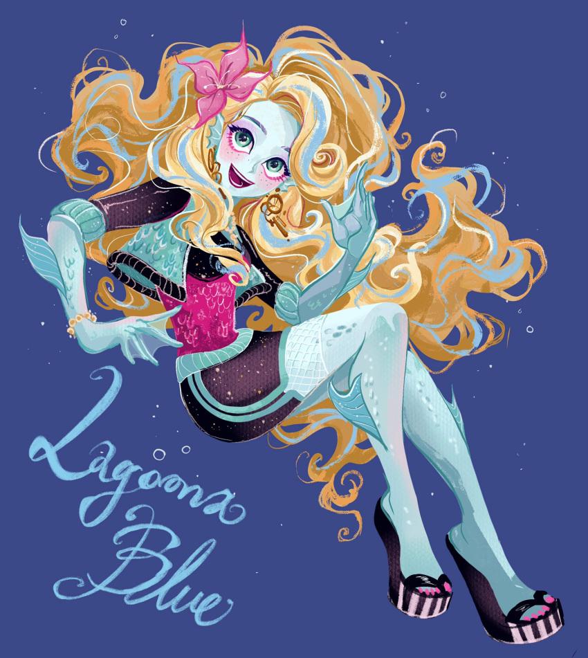 1girl, arm_fins, black_shirt, black_shorts, blonde_hair, blue_hair, blue_jacket, blue_skin