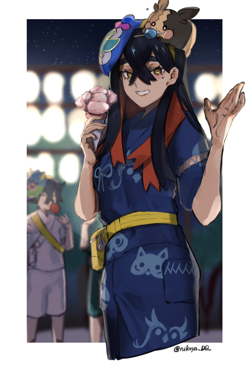 1boy, 1girl, black_hair, brother_and_sister, candy_apple, carmine_(pokemon), character_mask, colored_inner_hair