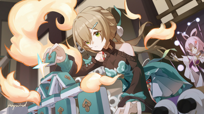 2girls, :i, absurdres, anger_vein, arm_support, artist_name, braid, breasts, closed_mouth, fu_xuan_(honkai:_star_rail), green_hair, hapwind, highres, holding, honkai:_star_rail, honkai_(series), indoors, light_brown_hair, long_hair, looking_at_another, multiple_girls, open_hand, parted_lips, pink_hair, qingque_(honkai:_star_rail), small_breasts, solo_focus, standing, sweatdrop, teeth, twintails, yellow_eyes