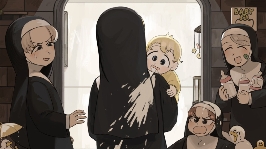 5girls, :d, aged_down, baby, baby_bottle, bandaid, bandaid_on_cheek, bandaid_on_face