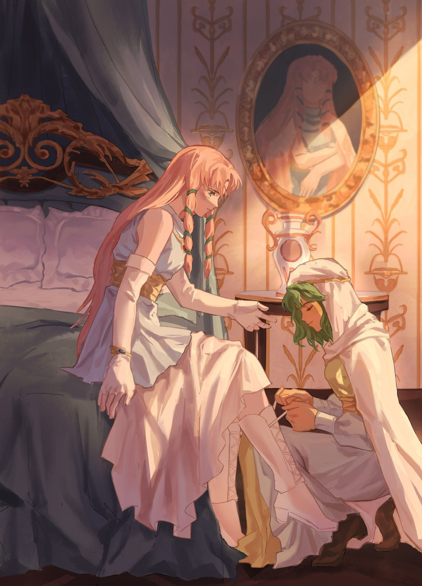 2girls, babykatafan, bed, boots, closed_eyes, dress, fingerless_gloves, fire_emblem, fire_emblem:_thracia_776, gloves, green_hair, highres, hood, linoan_(fire_emblem), multiple_girls, on_bed, outstretched_arm, painting_(object), pink_hair, safy_(fire_emblem), thigh_boots, tying, tying_footwear, white_dress, white_footwear, yuri
