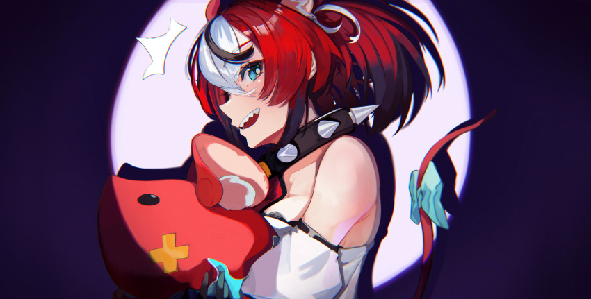 1girl, absurdres, animal_ears, blue_eyes, bow, collar, detached_sleeves, hakos_baelz