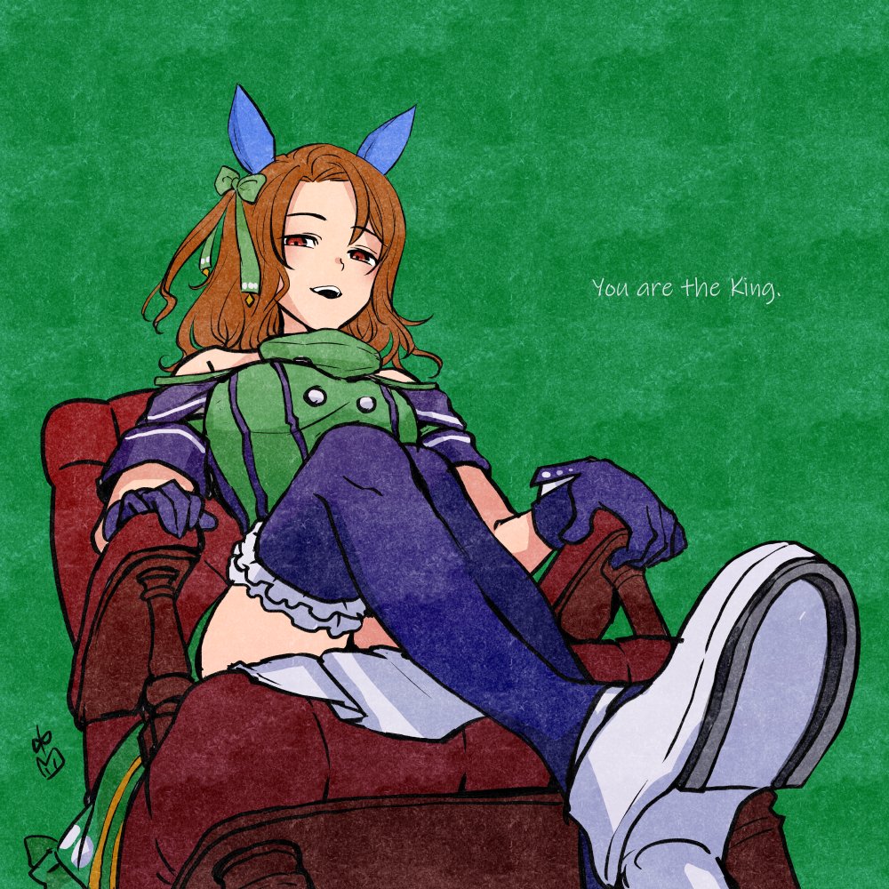 1girl, armchair, artist_logo, bare_shoulders, breasts, brown_hair, chair, coat